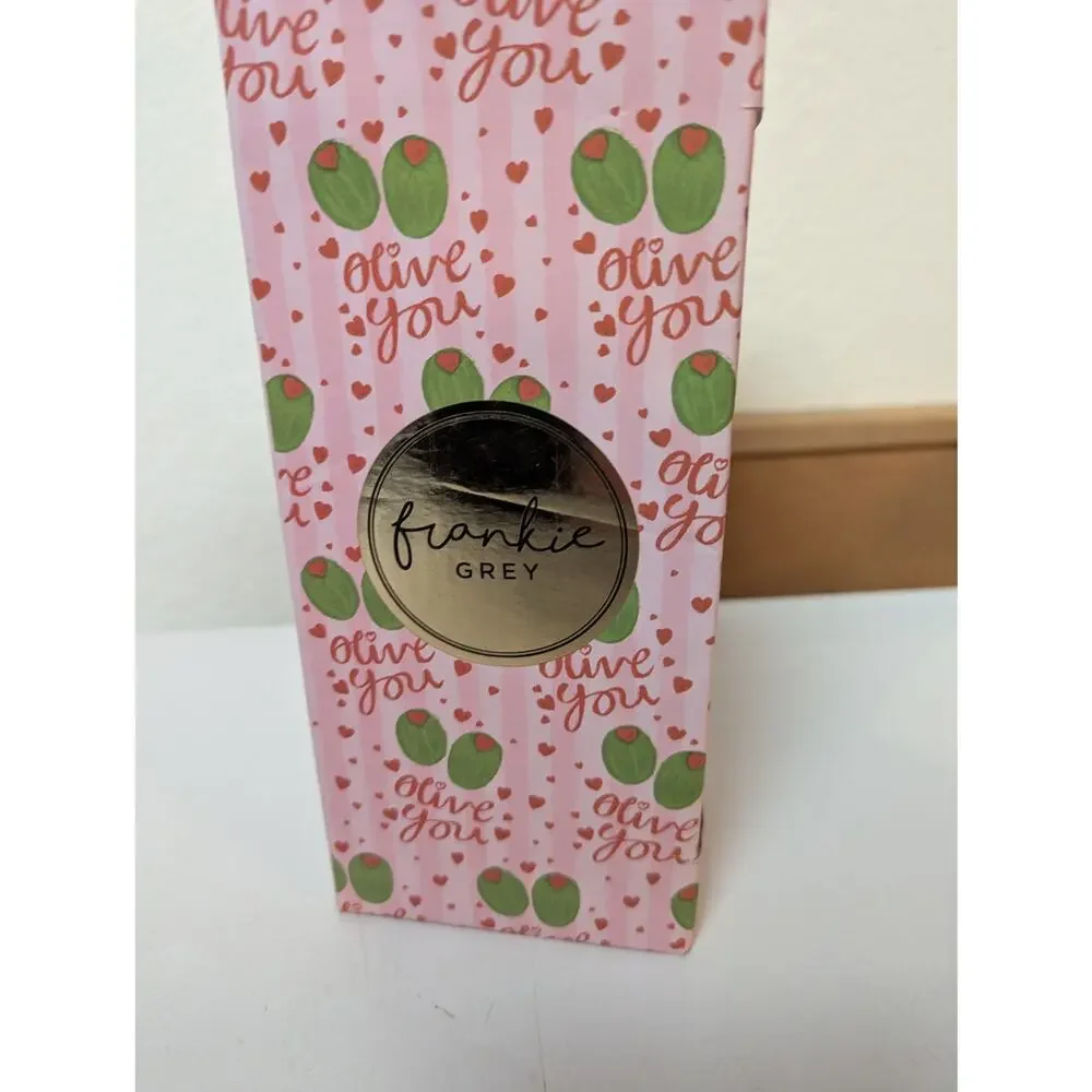 Frankie Grey glass cocktail shaker w/ three cocktail metal picks olive theme NIB